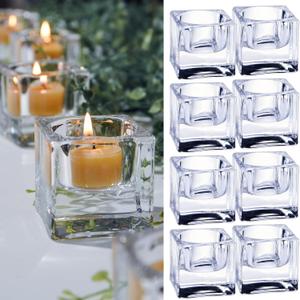 Clear Glass Tealight Candle Holder, Square Candle Holder Set of 8, Table Centerpiece for Ceremony, Event,Wedding, Party Decor