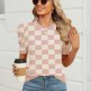 AKEWEI Puff Short Sleeve Sweater for Women Tops Trendy Spring Summer 2025 Business Casual Outfits Knit Crewneck Shirt Blouses (Large, Khaki Plaid)