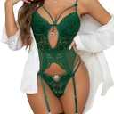Aranmei Women Lingerie Set with Garter Belt Sexy Mesh Floral Lace Corset Cutout Bodysuit Teddy with Panty Leg Rings Size XL, Green