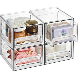 Oizeir Clear Stackable Storage Drawers - 4-Pack Acrylic Makeup Organizer Bins for Vanity, Bathroom, Countertop, Cabinet, or Kitchen - Perfect for Cosmetics, Office, and Small Item Organization
