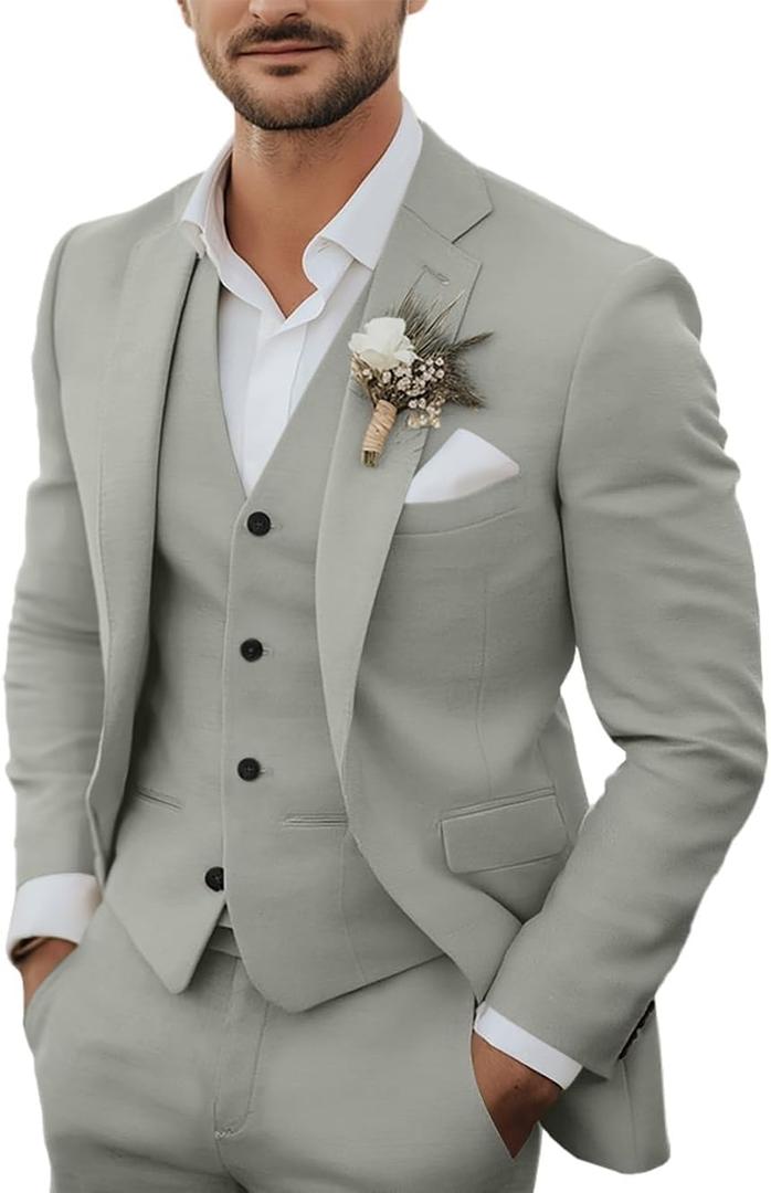 Men's 3 Piece Linen Suits Casual Lightweight Blazer Jackets Vest Pants Set for Wedding Business Prom Suit, XL