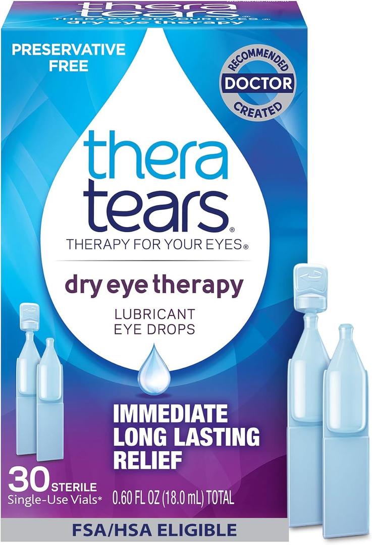 TheraTears Dry Eye Therapy Lubricating Eye Drops for Dry Eyes, Preservative Free eye drops, 30 Single-Use Vials (30 Count (Pack of 1))