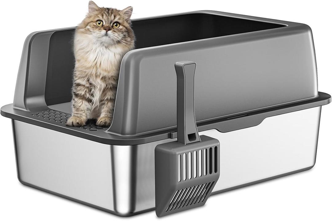 Zarler Stainless Steel Litter Box with Lid, Extra Large Cat Litter Boxes, XL Large Metal Litter Box for Big Cats with High Sided, Grey (Non-Sticky, Easy to Clean, Anti-Urine Leakage) (23"L x 14.6"W x 10.3"H)
