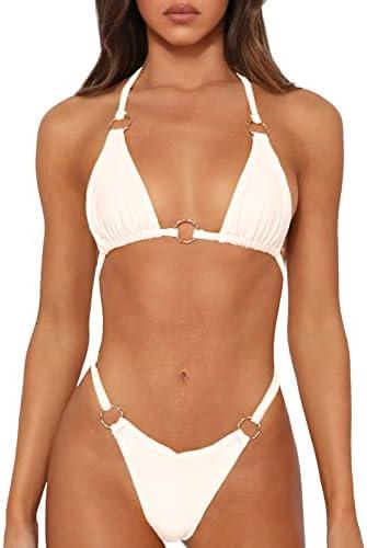 MIKETAI Sexy Bikinis for Women 2 Piece Bikini Spaghetti Strap Swimsuits Solid Color Bathing Swimwear Triangle Bathing Suit, Size M