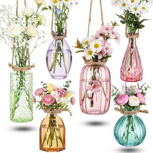 6 Pcs Stained Glass Hanging Vases Colorful Glass Terrariums with Rope Small Hanging Planters Pot Containers for Air Plants Flowers Garden Home Wedding Decor(Colorful Series)