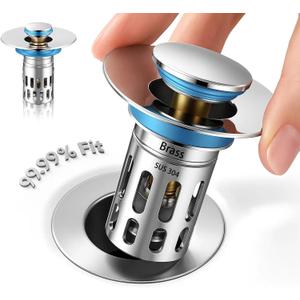 Bathroom Sink Stopper, Pop Up Drain for Bathroom Sink, Sink Plug Hair Catcher, Silent Popper Core with Removable Stainless Steel Filter Basket (Silver Polished, 1 Pack)