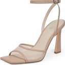 QIY Womens Heels Nude Strappy Mesh Heels 3 Inch Stiletto High Heel Open Square Toe Heel Faux Leather Nude Heeled Sandals Wedding Dress Shoes Size 8.5