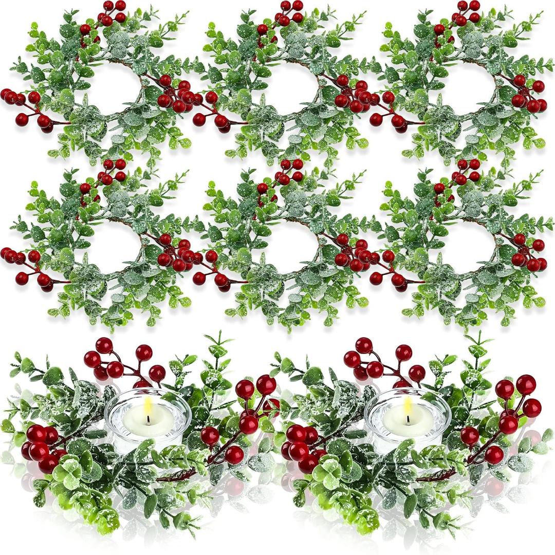 12 Pieces Christmas Candle Rings Garland 3.15 Inch Center Pillar Candle Rings Wreaths Red Berry Garland Holders Mini Ring for Wedding Party Living Room Dining Table Decoration