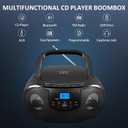 Portable CD Player Boombox with FM Radio, Top Loading CD Stereo Boom Box for Home, Bluetooth, Remote Control, LED Light, Headphone/Mic Jack, Support CD-R/RW/MP3-CD, USB, LCD Display, Black