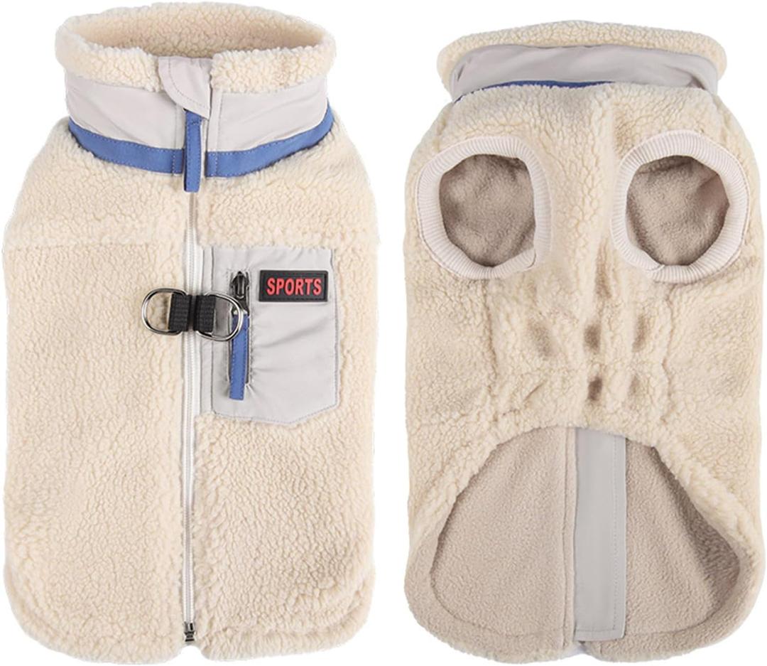 FEimaX Dog Winter Coat Fleece Lined Dog Jacket with High Collar&Zipper, Snowsuit for Small to Medium Dogs, Windproof Puppy Cold Weather Coats with D-Ring Leash, Doggie Vest Pet Snow VestBeige (XX-Large)