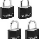 Master Lock Black Outdoor Key Lock, Standard Weather Resistant Padlock with Cover, Keyed Alike Padlocks for Lockers, Fences, Sheds, or Other Equipment, 4 Pack, 131Q