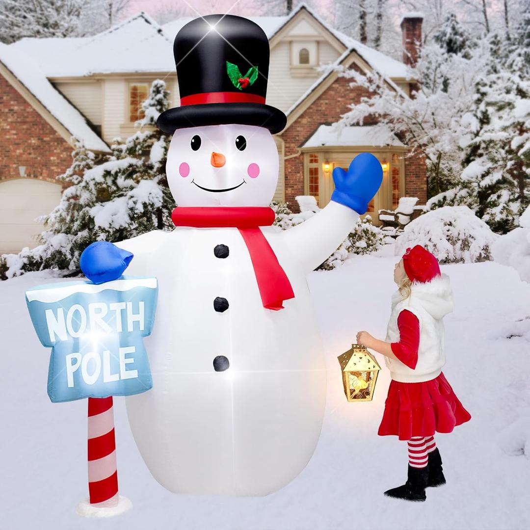 8 Foot Christmas Inflatable Snowman with North Pole Sign LED Lights DecorationGiant Christmas White Snowmen & Street Signs Indoor Outdoor Blow up Decoration