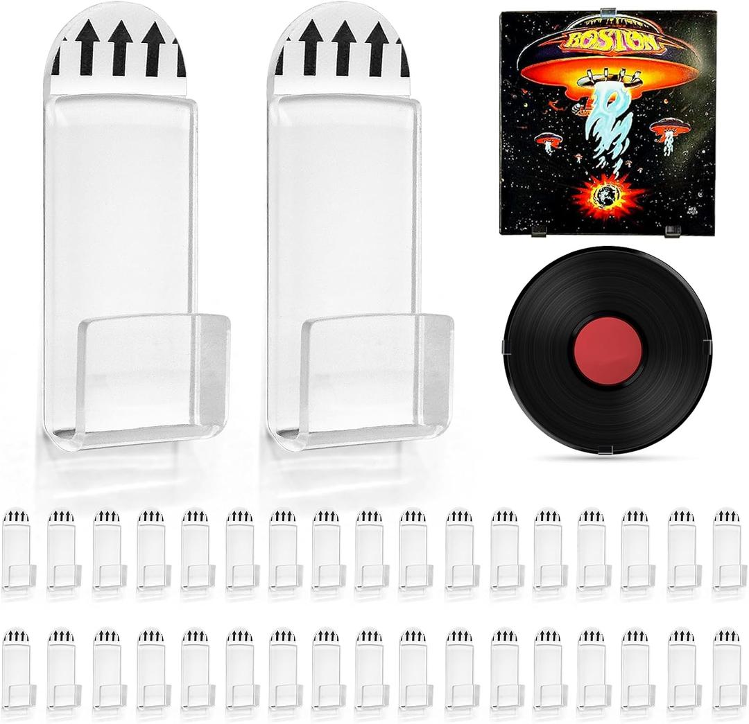 Vodolo Vinyl Record Wall Mount,36 PCS Acrylic Vinyl Record Holder Self Adhesive Clear Vinyl Display Shelf No Drill Vinyl Storage Shelves for Album Covers Display and Home Wall Decoration