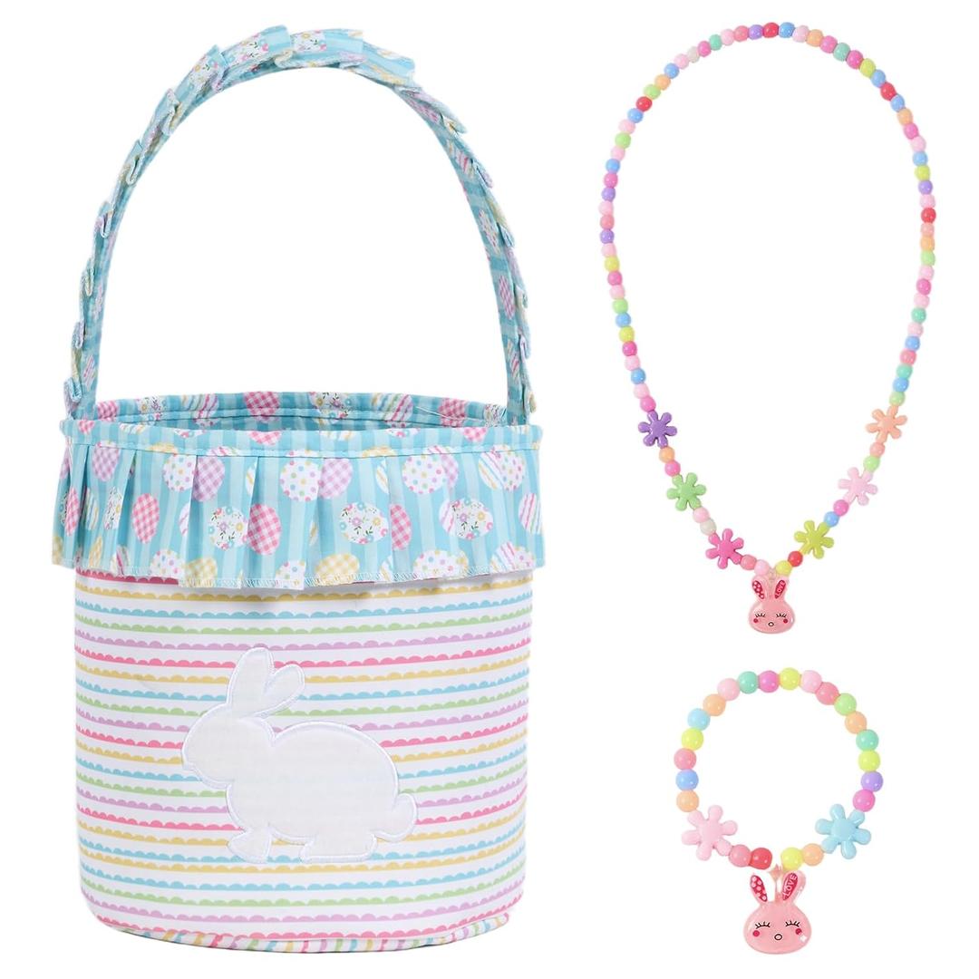 Easter Basket for Girls with Flower Beaded Bracelet and Necklace - Cute Fabric Easter Basket with Bunny Design, Perfect for Egg Hunt, Party Favors, Spring Decor & Gift (Green)
