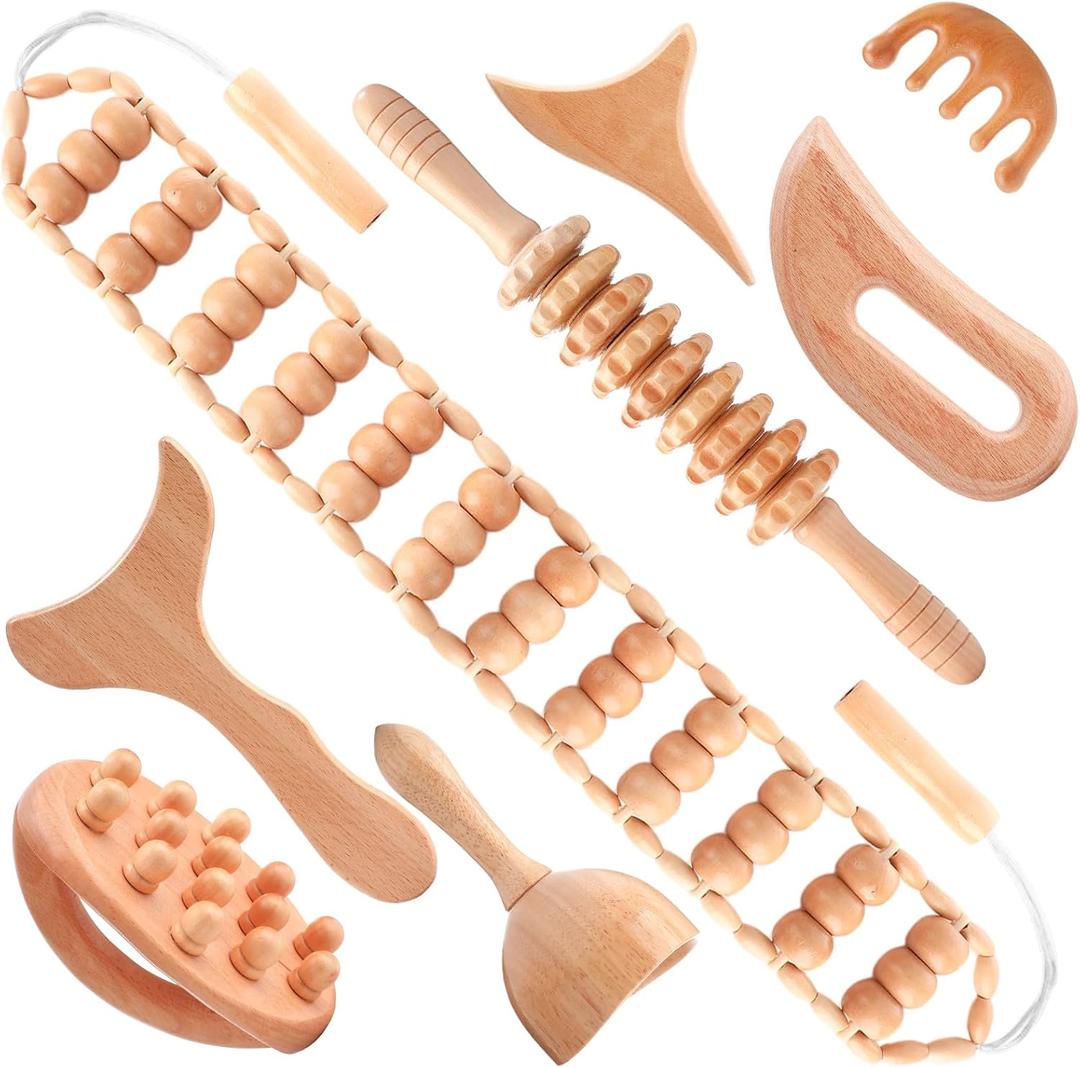 8 in 1 Wood Therapy Massage Tools Gua Sha Wooden Massager for Body Shaping Massage Tool Set Wooden Massager Sculpting Tools for Muscle Pain Relief, Body Contouring and Shaping