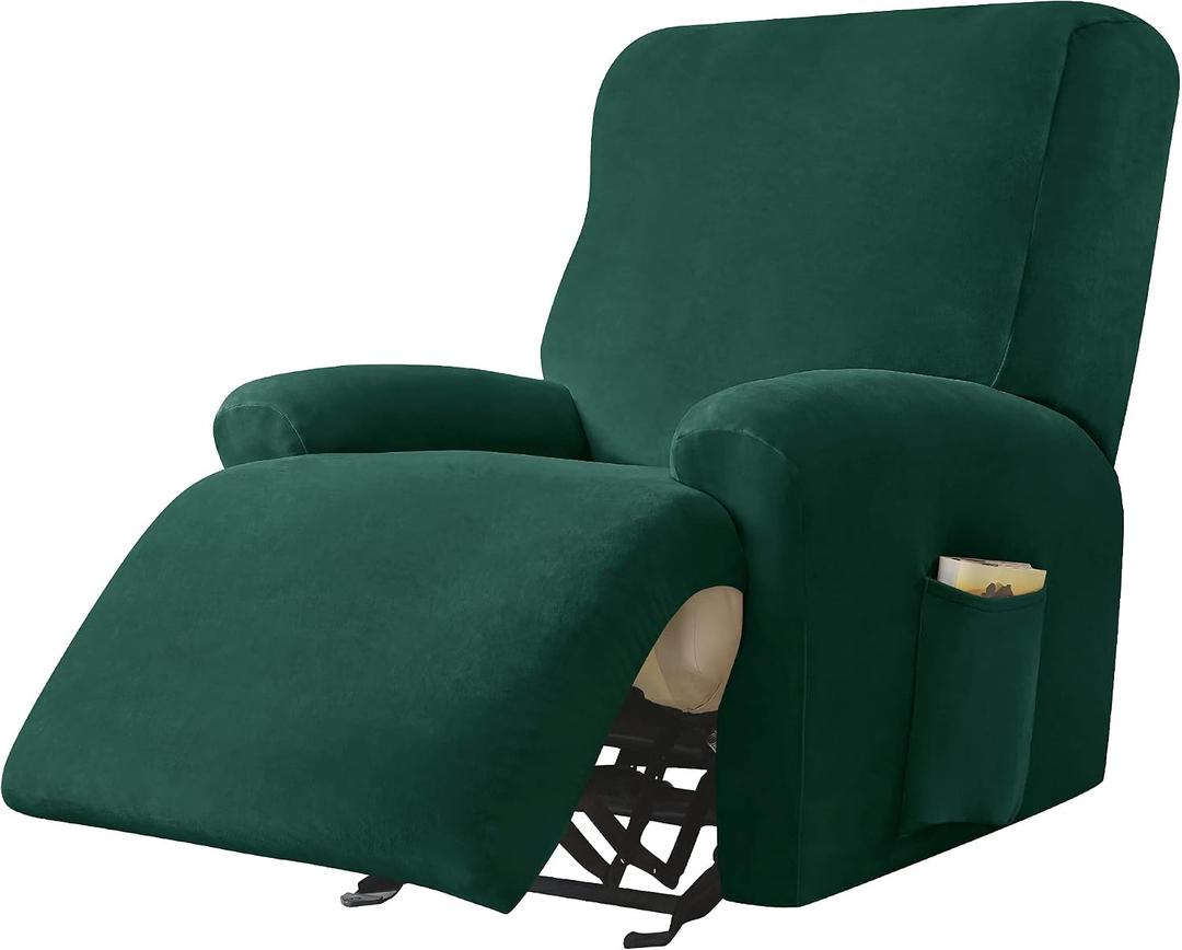 Stretch Recliner Chair Covers, 4-Piece Ultra Soft Velvet Recliner Slipcovers Single Seat Couch Cover Furniture Protector with Pocket (Green)