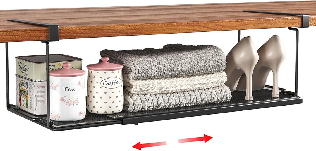 Expandable Under Cabinet Shelf, Extendable Under Shelf Storage with 0.94 Inches Thick Clips for Shoe Rack, Pantry Cabinet, Laundry Room. (Black, 1 Pack, Interior: 6" H x 8.26" D)