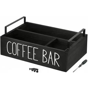 Coffee Bar Organizer Caddy, Black Wood, 3 Compartments, 11.8x7.8x3.1 Inches, Kitchen Counter Storage