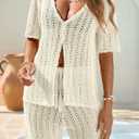 Saodimallsu Women Crochet 2 Piece Swimsuit Cover Up Short Sleeve Knit Tops Shorts Sets Summer Beach Vacation Outfit (Beige)