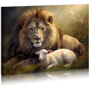 Lion Wall Art Lamb Canvas Prints Jesus Awesome Lamb and Lion Canvas Wall Art Modern Art Painting Framed for Living Room Bedroom Bathroom Office Decor Ready To Hang 12x16inches