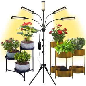 Grow Lights for Indoor Plants, Aukphie Full Spectrum led Grow Light with Stand, Auto On/Off Timing 3/6/9/12/15/18H & 10 Brightness Levels (5 Light Heads)