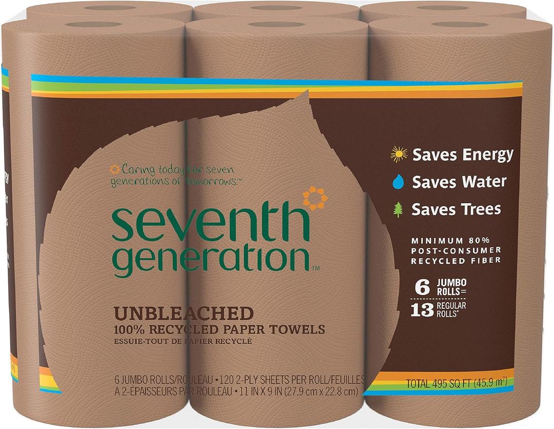 Seventh Generation Unbleached Paper Towels, 100% Recycled Paper, 6 Count, Pack of 4 (Brown)