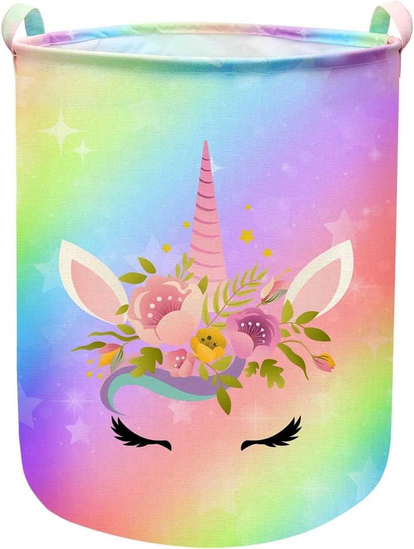 Unicorn Laundry Basket Hamper Large Sized Round Storage Basket Waterproof Bin Collapsible Laundry Basket for Girls Room Organizer, Kids Bedroom Nursery Playroom Clothes (43.3L Cute Unicorn Laundry)