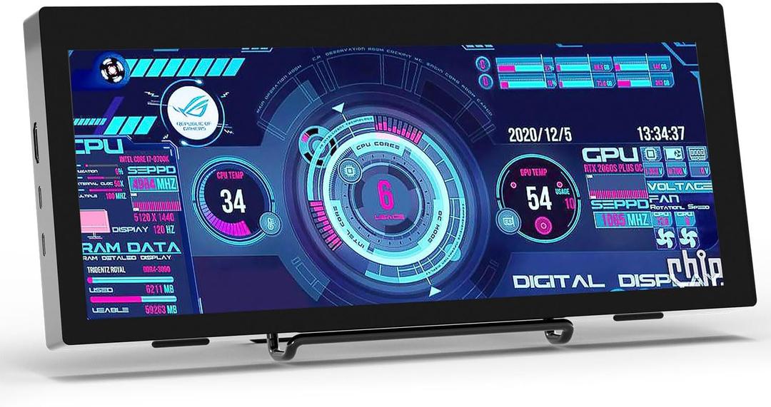 12.3 Inch IPS Stretched Bar LCD Travel Display 1920 * 720 Secondary Monitor, HDMI USBC, Mini Portable Monitor Metal Material for Laptop Computer Windows Aida64 GPU CPU RAM Monitoring,Built-in Speaker