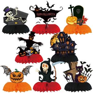 Halloween Honeycomb Decor - 9PC Set with Pumpkin Head, Castle, Skeleton for Table Centerpiece, Easy Setup Spooky Scene