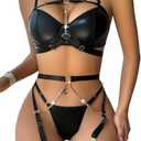 Lilosy Sexy Pu Leather Strappy Underwire Garter Belt Lingerie Set S