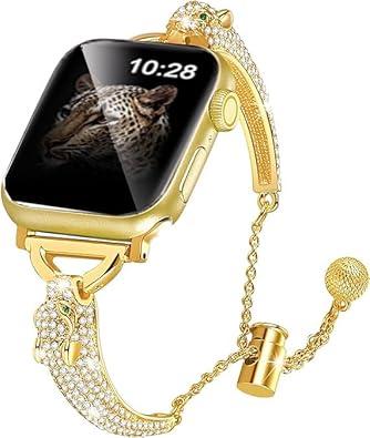 Rose Gold Bling Stainless Steel Leopard Band Compatible Apple Watch Bracelet Women Slim 42mm 44mm 45mm 49mm,Jullstar Thin Black Rose Gold Pink Metal Cheetah Dshape Sparkling Bangle for iphone Watch