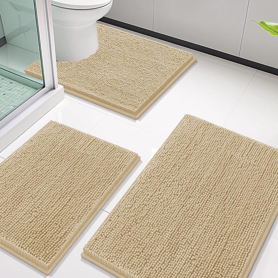 Smiry Chenille Bathroom Rugs Sets 3 Piece (30x20+24x16+24x20, Beige)