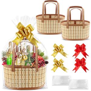 EcoBrisa 2Set Baskets for Gifts Empty Foldable Bamboo Woven Sturdy Gift Basket Kit with Handle & 2 Cellophane Wrap 4 Pull Ribbon Bows for Valentine Mother's Day Housewarming Birthday Baby Shower,Oval