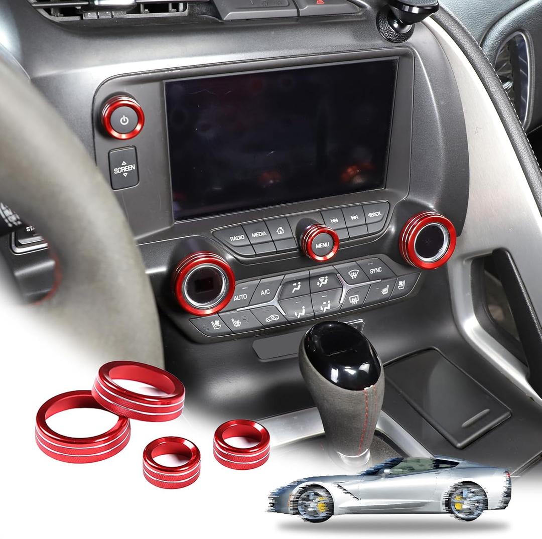 LLKUANG Central Console AC Volume Knob Button Switch Cover Trim Fit for Chevrolet Corvette C7 2014-2019 Aluminum Alloy Air Conditioner Knob Adjustment Cover-4pcs (Red)
