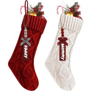 2Pack Personalized Christmas Stockings with Wooden Name Tags, 18 inches Xmas Cable Knitted Stocking for Holiday, Hanging Decoration Gifts for Family Party(White & Red)
