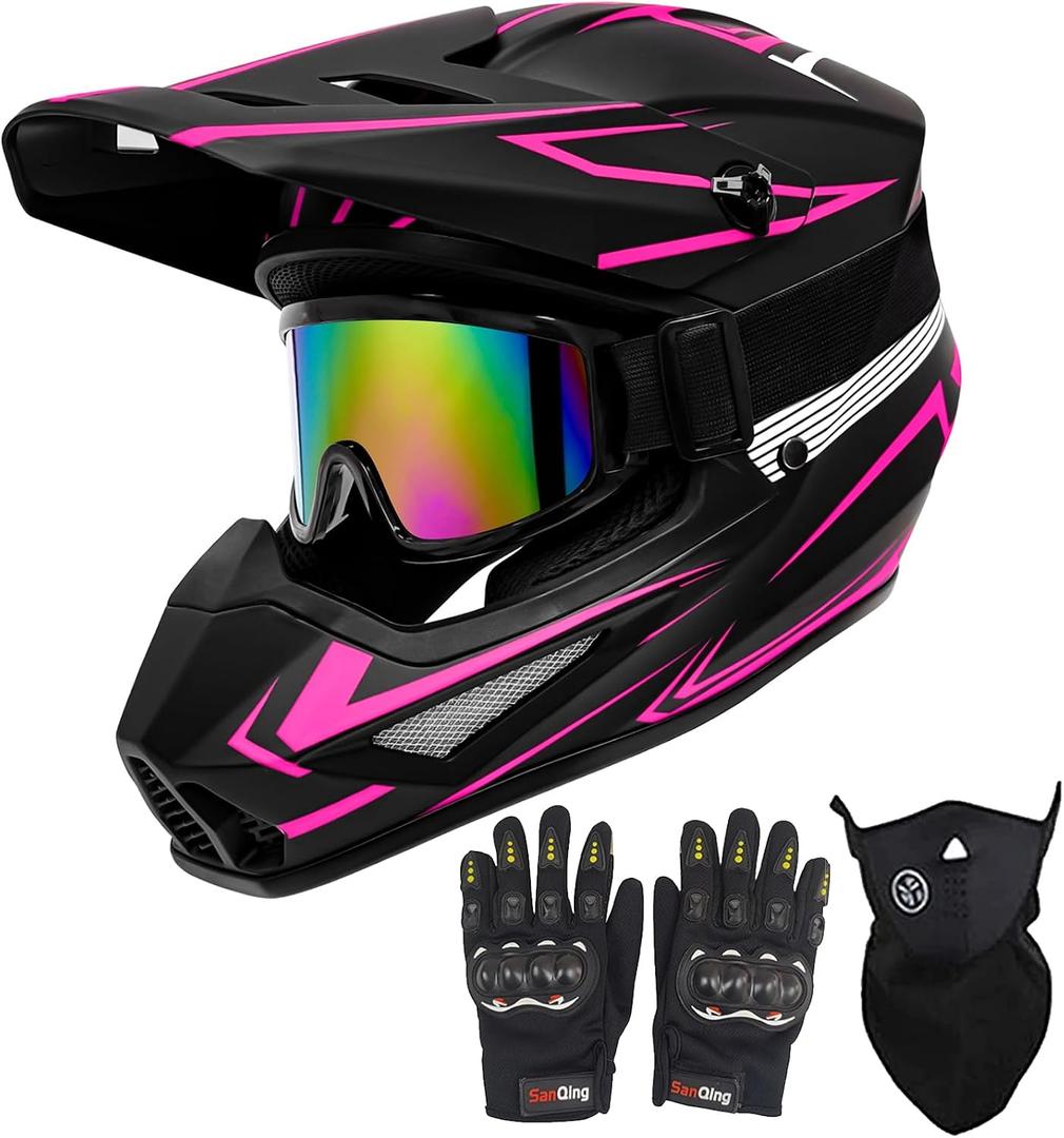 Youth Motorcross Helmet, Kids Dirt Bike Helmets, Motorcycle Helmets Off-Road Mountain Bike BMX MX ATV Helmet with(Gloves Goggles Mask) 4Pcs Set - DOT Approved (B-Pink, Large)