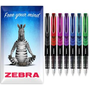 Zebra Fuente Pen - Disposable Fountain Pens - Pack of 7 - Black, Red, Pink, Violet, Blue, Light Blue & Green - In Zebra Cardboard Gift Box