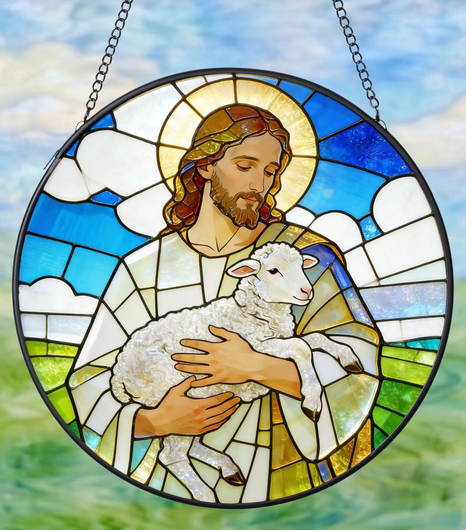 FancyPlus Stained Glass Window Hanging 7.9'' Jesus and Sheep Sun Catchers Stained Glass Suncatcher for Windows He is Risen Resurrection of Jesus Gift for Religious Christian Gifts Home Decor