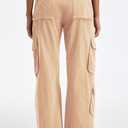 Cargo Pants for Women Low Rise Drawstring Waist 7 Pockets Hiking Work Wide Leg Pants with Zipper Button Closure Khaki