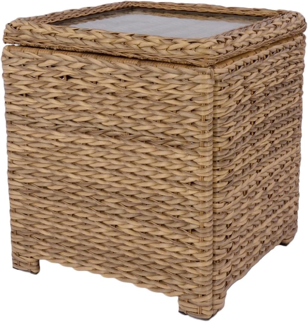 Patio Side Table with Lid & Storage  Hand-Woven HDPE Wicker Side Table with Tempered Glass Top, Deck Box Weatherproof Outdoor Rattan Coffee Table for Pool, Balcony (Square 22x20x20, Light Brown)