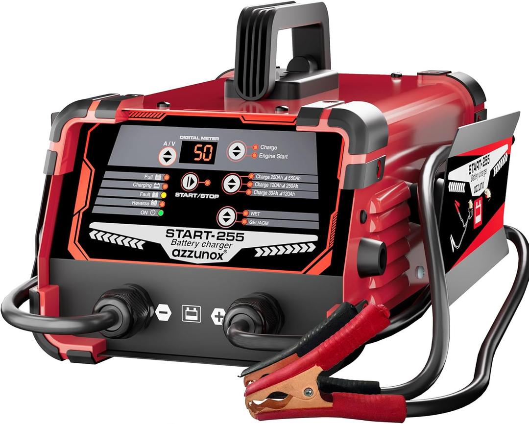 AZZUNOX 12V 24V Car Battery Charger & Engine Starter, 0-50A Automatic Battery Maintainer, 250 Cranking Amps, Jump Starter & Smart Trickle Charger
