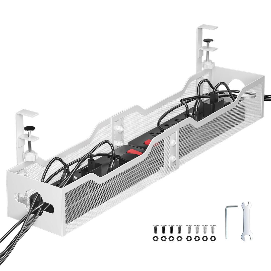 Under Desk Cable Management Tray 24.8", Quszmd Cable Organizer No Drill, Standing Cord Organizer and Wire Management Tray - No Damage to Desk, White