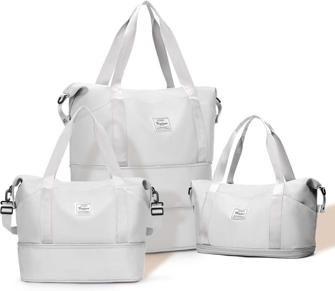 Expandable Travel Duffle Bag for Women Men, Large Gym Bag Travel Tote Bags, Waterproof Carry On Personal Item Bag Airline Approved, Overnight Workout Weekender Bag with Luggage Sleeve, Light Grey