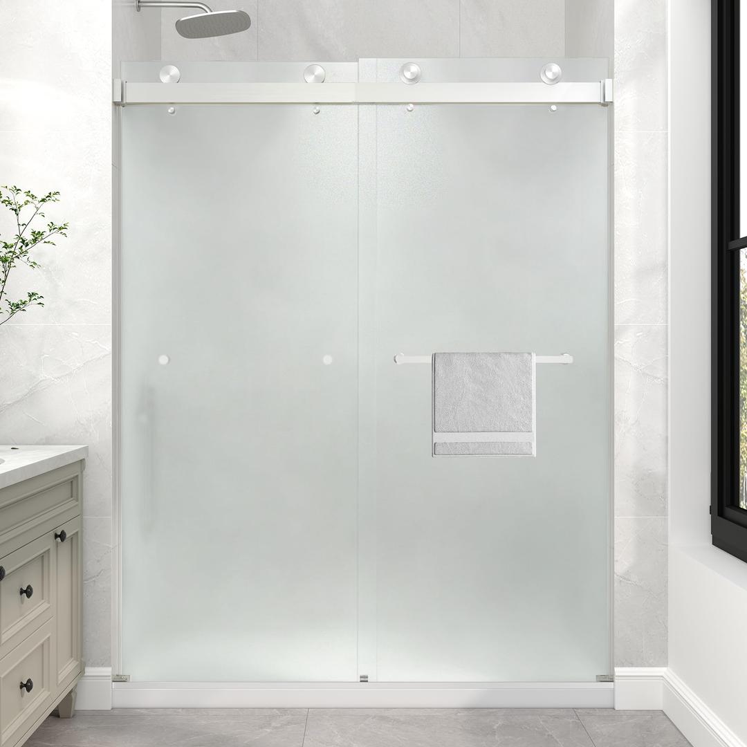 KPUY Frameless Sliding Frosted Bathtub Door 55-60" x 60", Brushed Nickel