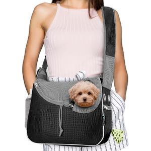 PetAmi Small Dog Sling Carrier, Soft-Sided Crossbody Puppy Carrying Purse Bag, Adjustable Sling Pet Pouch to Wear Medium Dog Cat Travel, Dog Bag for Traveling, Poop Bag Dispenser, Max 10 lbs, Black