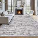 6' x 9' Area Rug, Washable Non-Slip Vintage Low-Pile Faux Wool Carpet, Soft Pet Friendly Farmhouse Rug for Living Room Bedroom Dining Room, Grey