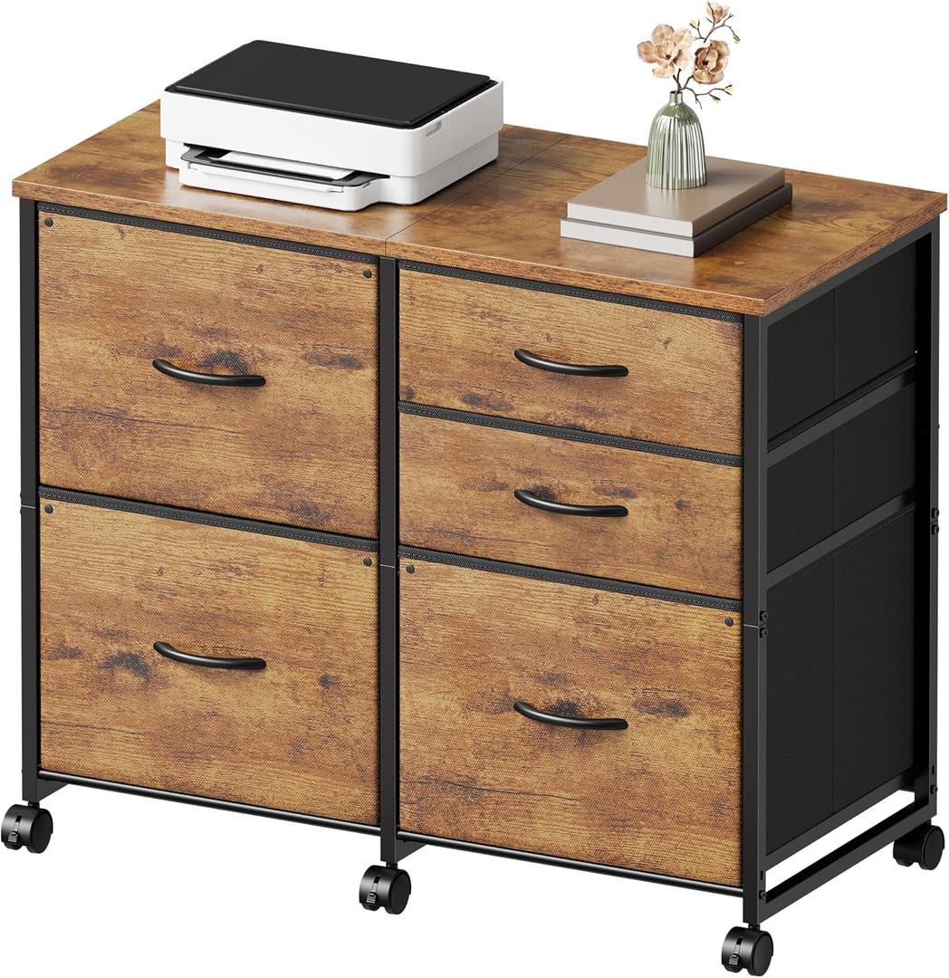 YeTom Lateral File Cabinet with 5 Drawers Rolling Filing Cabinets Under Desk Storage Printer Stand with Wheels,Mobile File Cabinet for Home Office,Rustic Brown 11.7"D x 29.9"W x 27.7"H