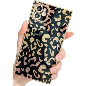 KERZZIL Elegant Compatible with iPhone 11 Rectangle Edge Case, Cute Luxury Leopard Pattern Plating Case Camera Protector Soft TPU Shockproof Protective Corner Back Cover(Black)
