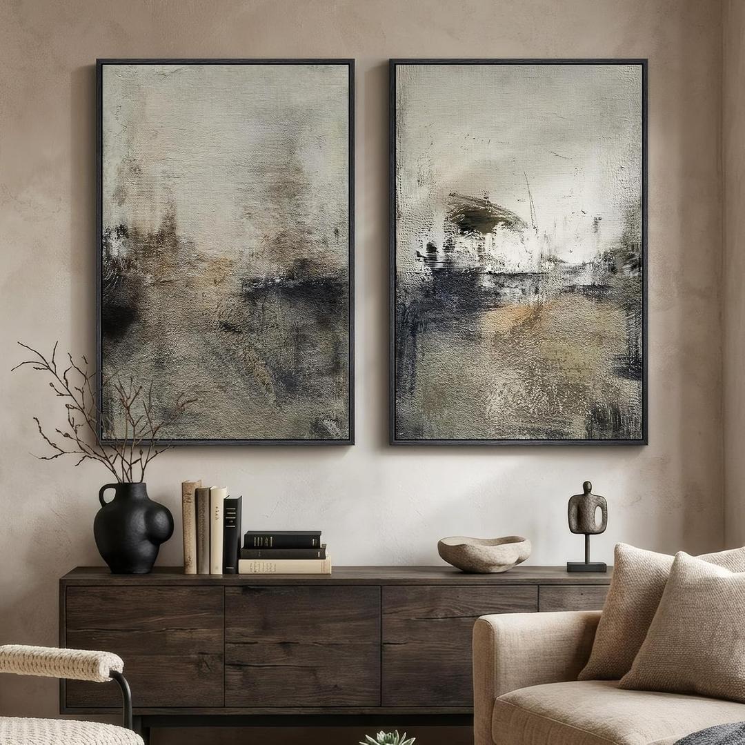 Large Framed Neutral Abstract Wall Art Set of 2 for Living Room, Wabi Sabi Modern Minimalist Black Grey Canvas Artwork for Walls, Rustic Abstract Painting Print Wall Decor for Bedroom Office, 24x36 In, 24" W x 36" H x 2Pcs