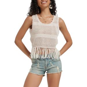 Ross&Freckle Women's Summer Swimsuit Bikini 2025 Beach Swimwear Crochet Cover up Hollow Out Crop Sleeveless Swim Outfit (Large, White)